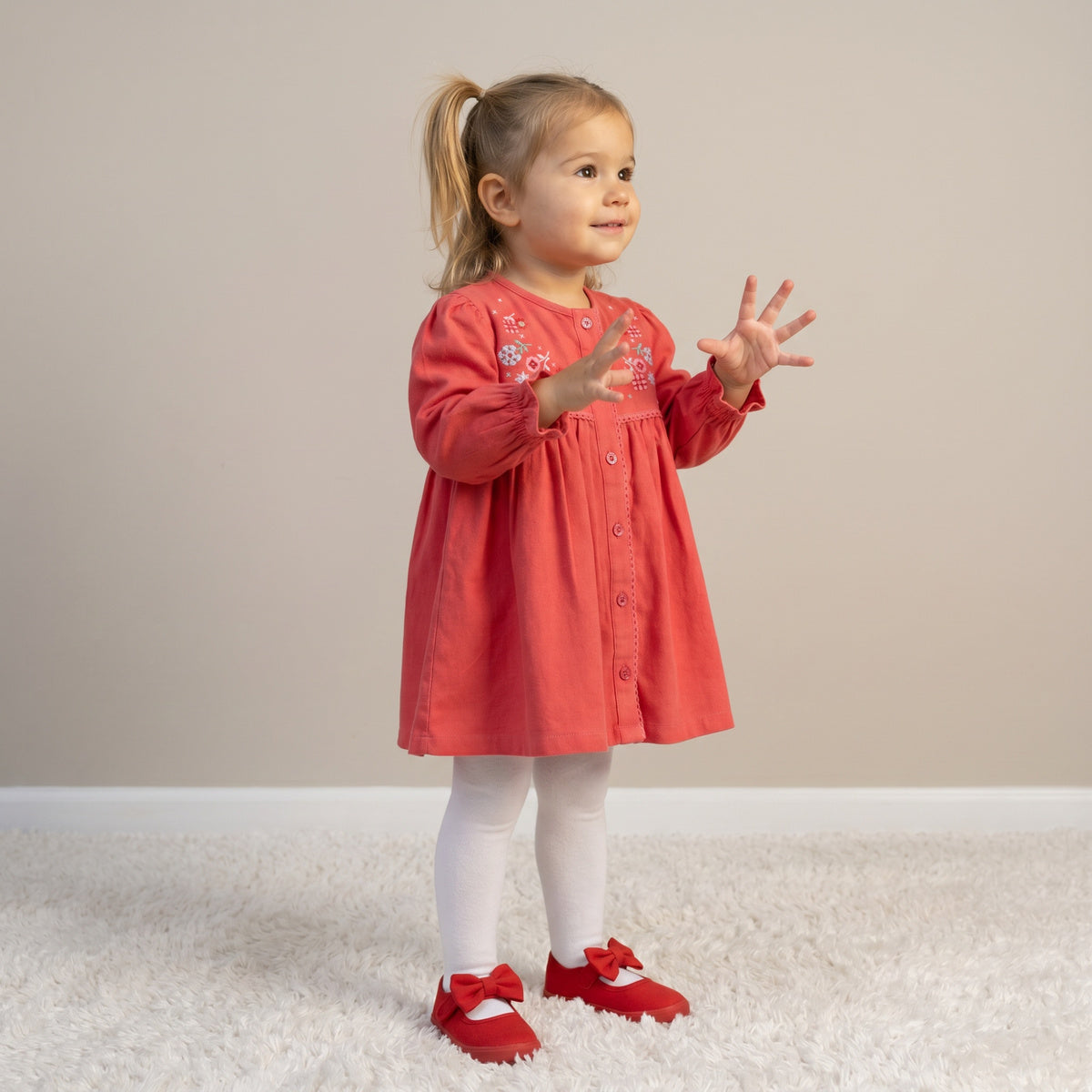 Baby Girls Coral Cotton Corduroy Floral Embroidered Dress With White Stockings Regular Fit Casual