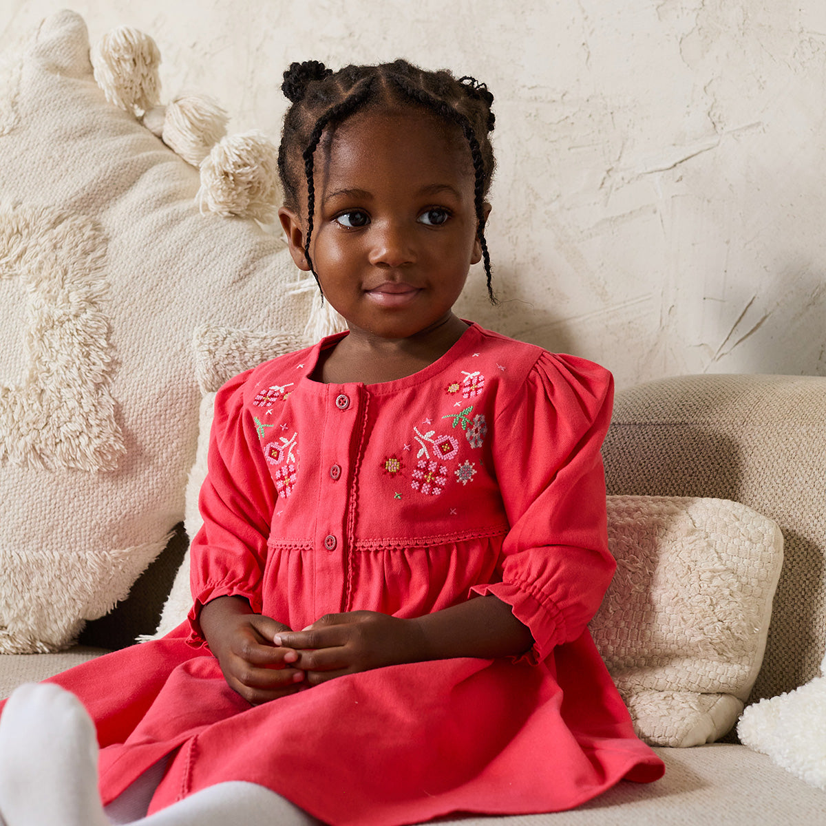 Girls Coral Corduroy Floral Embroidered Dress With White Stockings