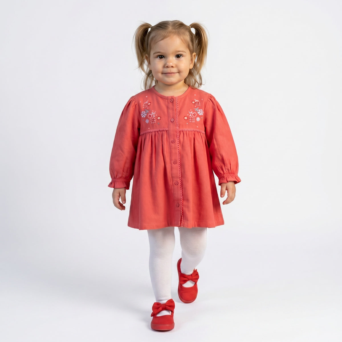 Baby Girls Coral Cotton Corduroy Floral Embroidered Dress With White Stockings Regular Fit Casual