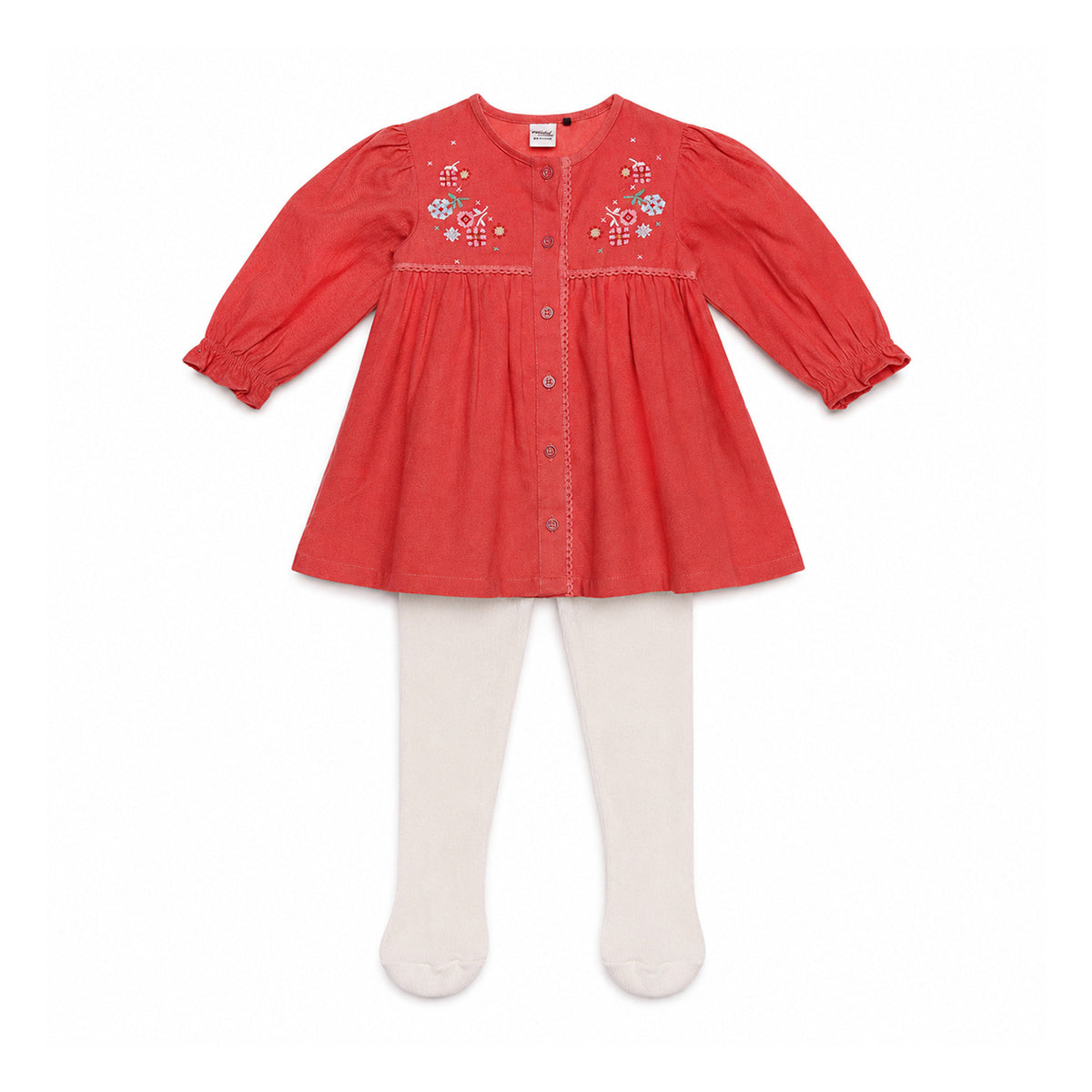 Baby Girls Coral Cotton Corduroy Floral Embroidered Dress With White Stockings Regular Fit Casual