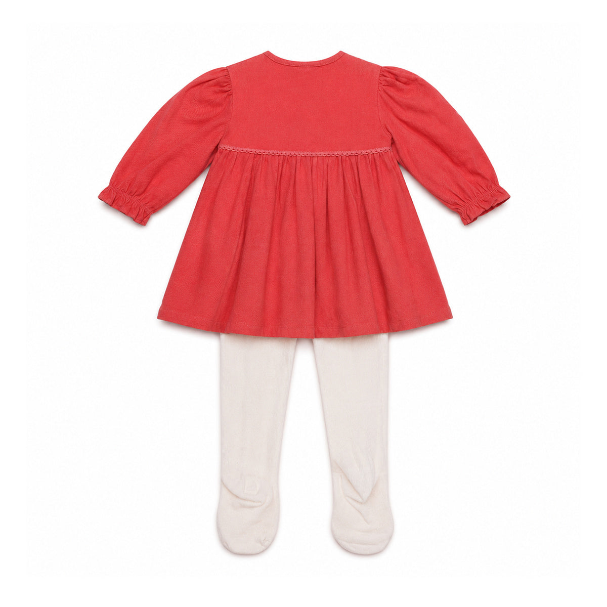 Baby Girls Coral Cotton Corduroy Floral Embroidered Dress With White Stockings Regular Fit Casual