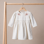 Baby Girls Off-White Cotton Corduroy Floral Embroidered Fit And Flare Dress Full Sleeve Occasion Wear