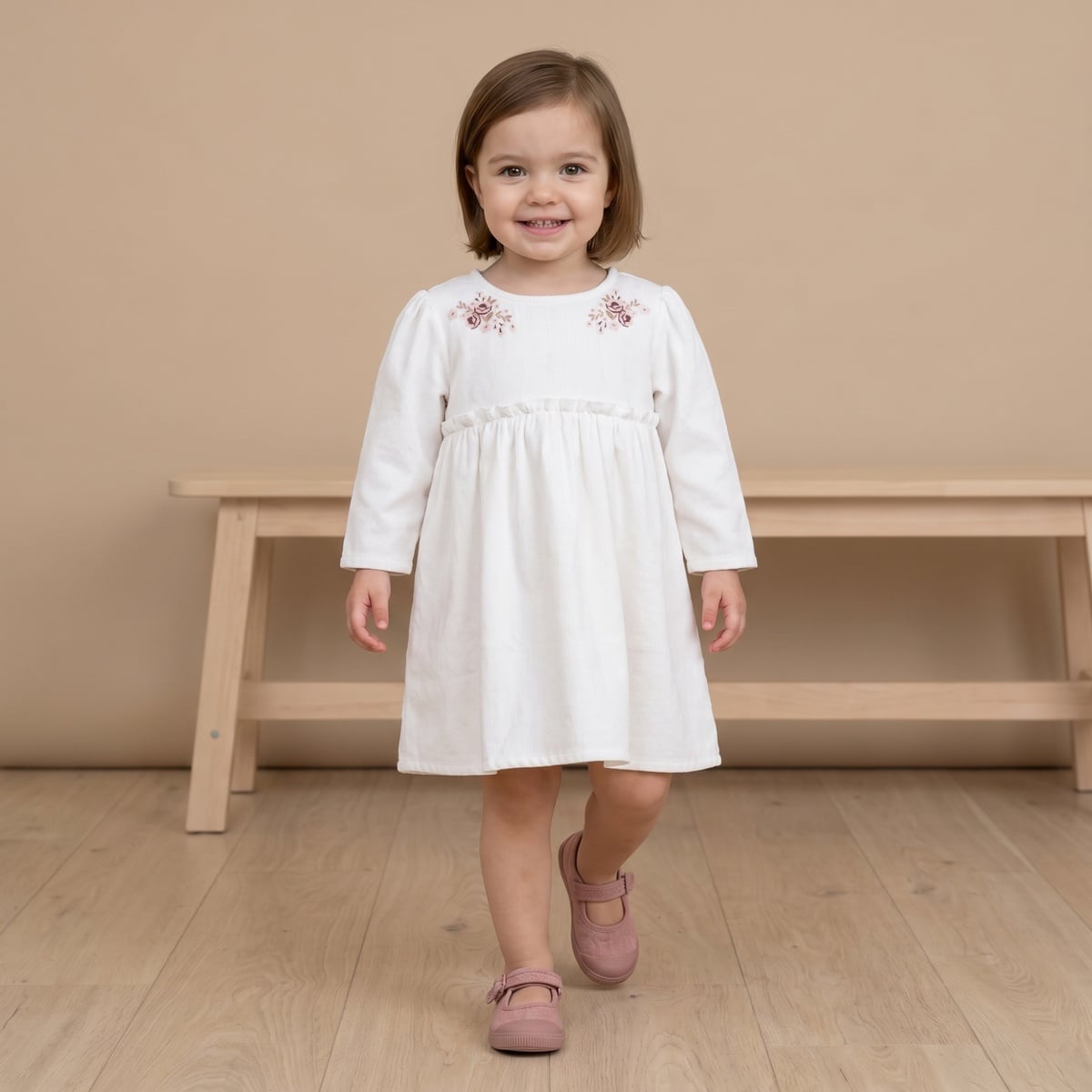 Baby Girls Off-White Cotton Corduroy Floral Embroidered Fit And Flare Dress Full Sleeve Occasion Wear