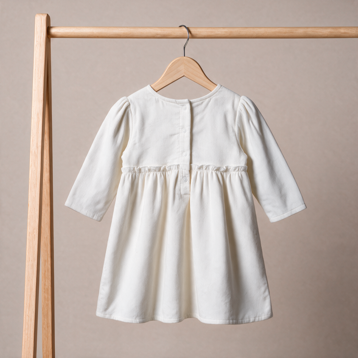 Baby Girls Off-White Cotton Corduroy Floral Embroidered Fit And Flare Dress Full Sleeve Occasion Wear