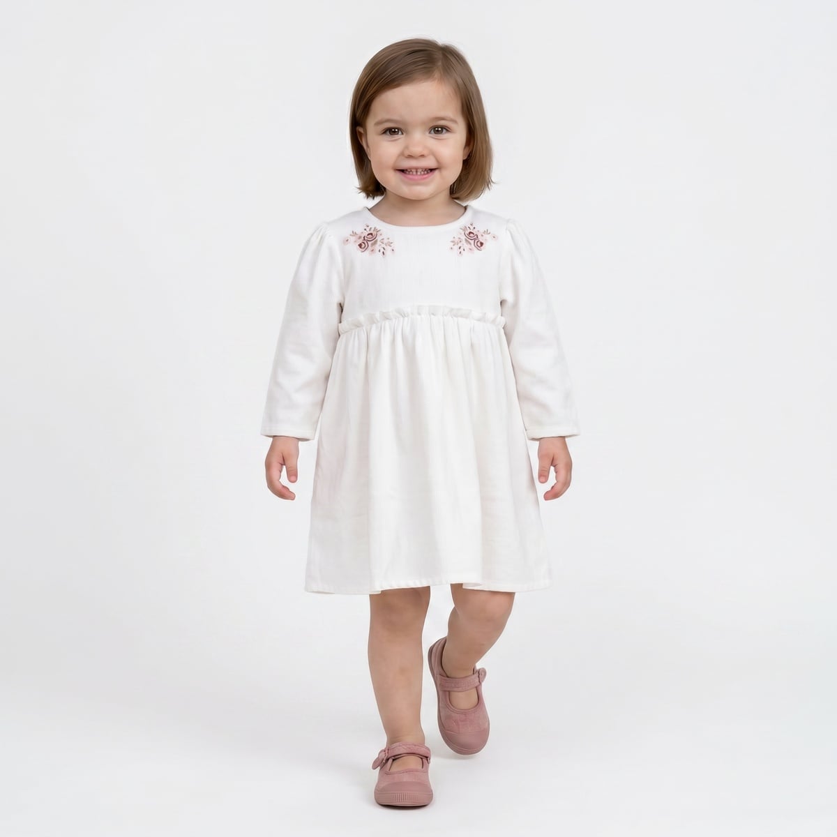 Baby Girls Off-White Cotton Corduroy Floral Embroidered Fit And Flare Dress Full Sleeve Occasion Wear