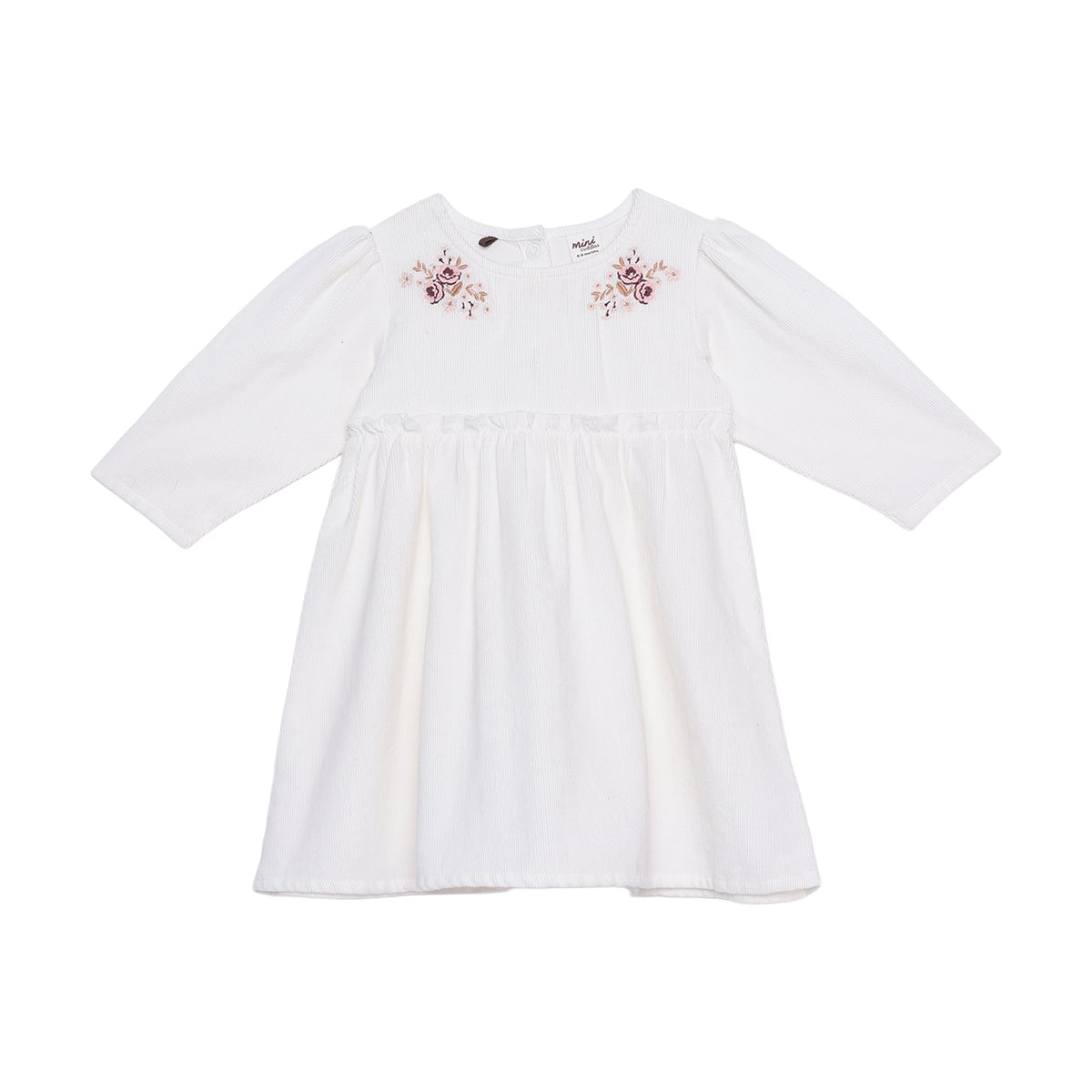 Baby Girls Off-White Cotton Corduroy Floral Embroidered Fit And Flare Dress Full Sleeve Occasion Wear