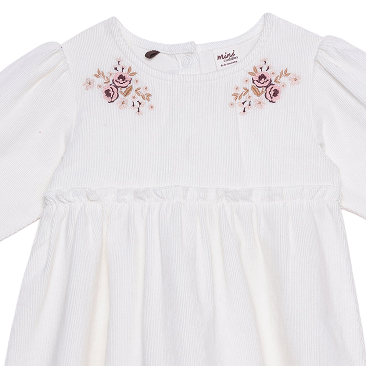 Baby Girls Off-White Cotton Corduroy Floral Embroidered Fit And Flare Dress Full Sleeve Occasion Wear