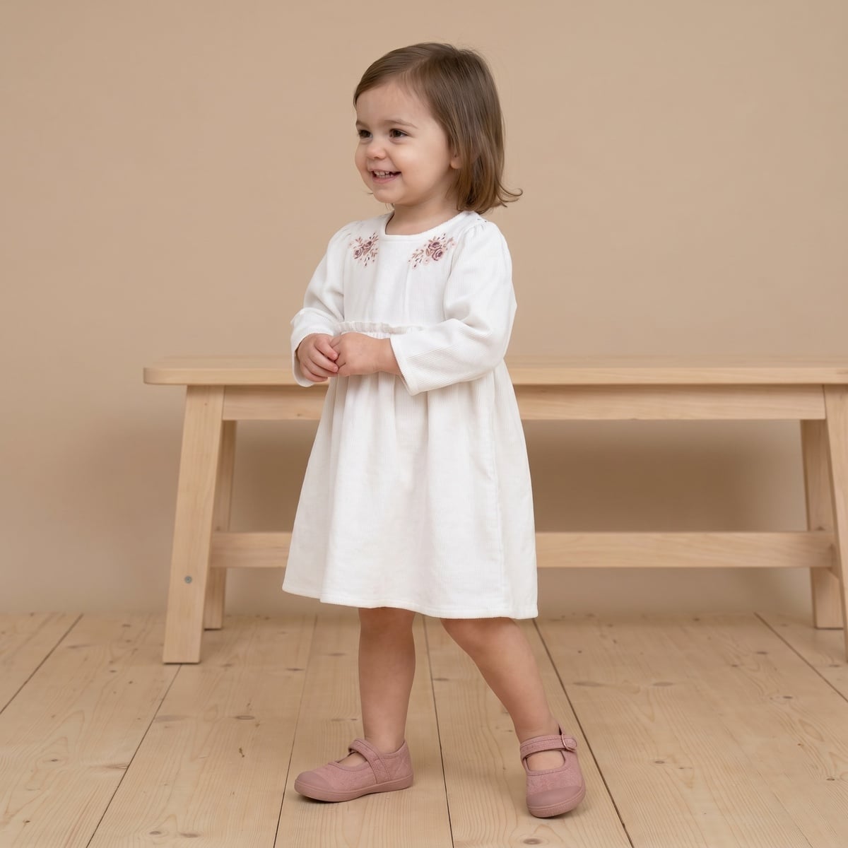 Baby Girls Off-White Cotton Corduroy Floral Embroidered Fit And Flare Dress Full Sleeve Occasion Wear