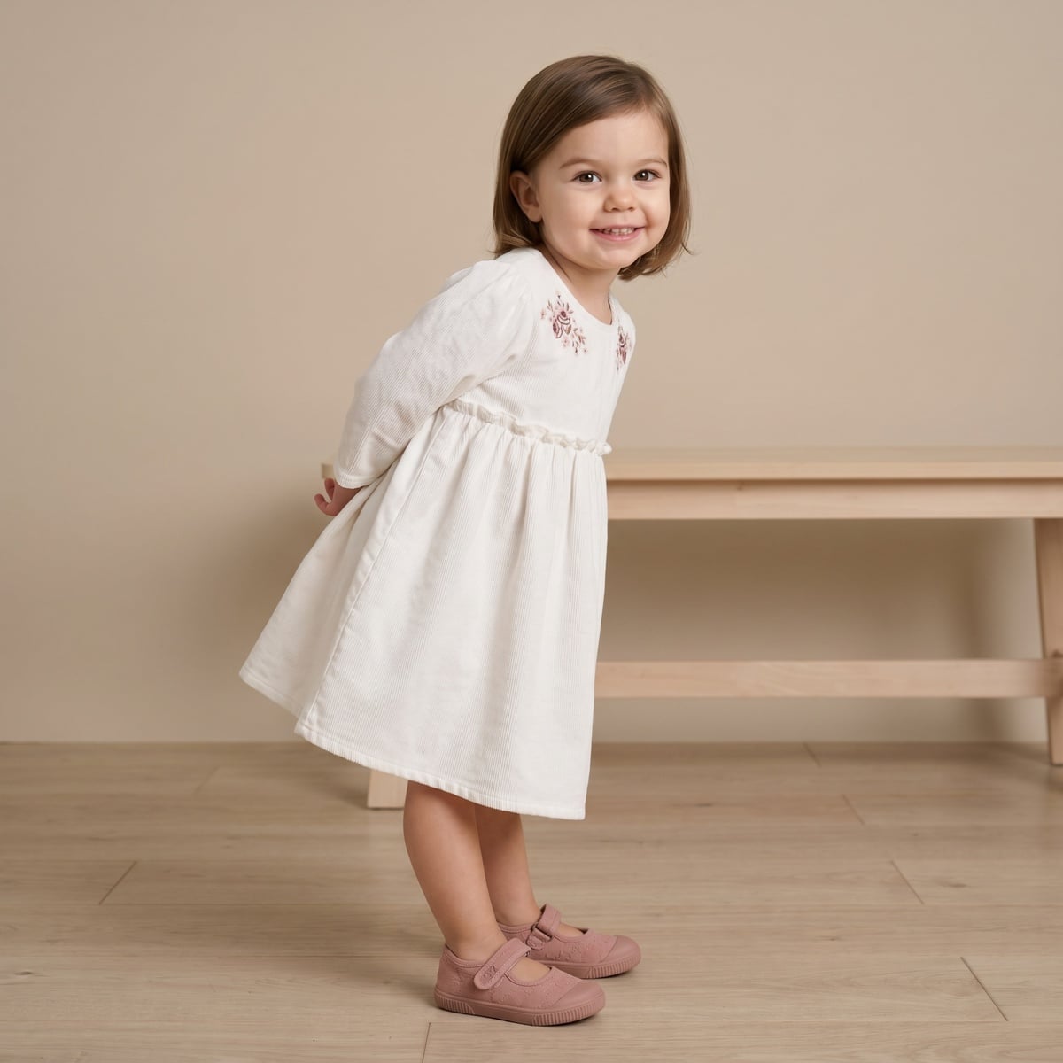 Baby Girls Off-White Cotton Corduroy Floral Embroidered Fit And Flare Dress Full Sleeve Occasion Wear