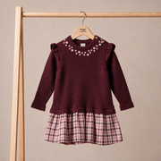 Baby Girls Maroon Cotton Blend Knitted Floral Embroidered Checked Dress  Regular Fit Full Sleeve Occasion Wear