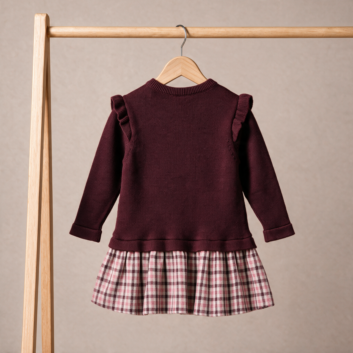 Baby Girls Maroon Cotton Blend Knitted Floral Embroidered Checked Dress  Regular Fit Full Sleeve Occasion Wear