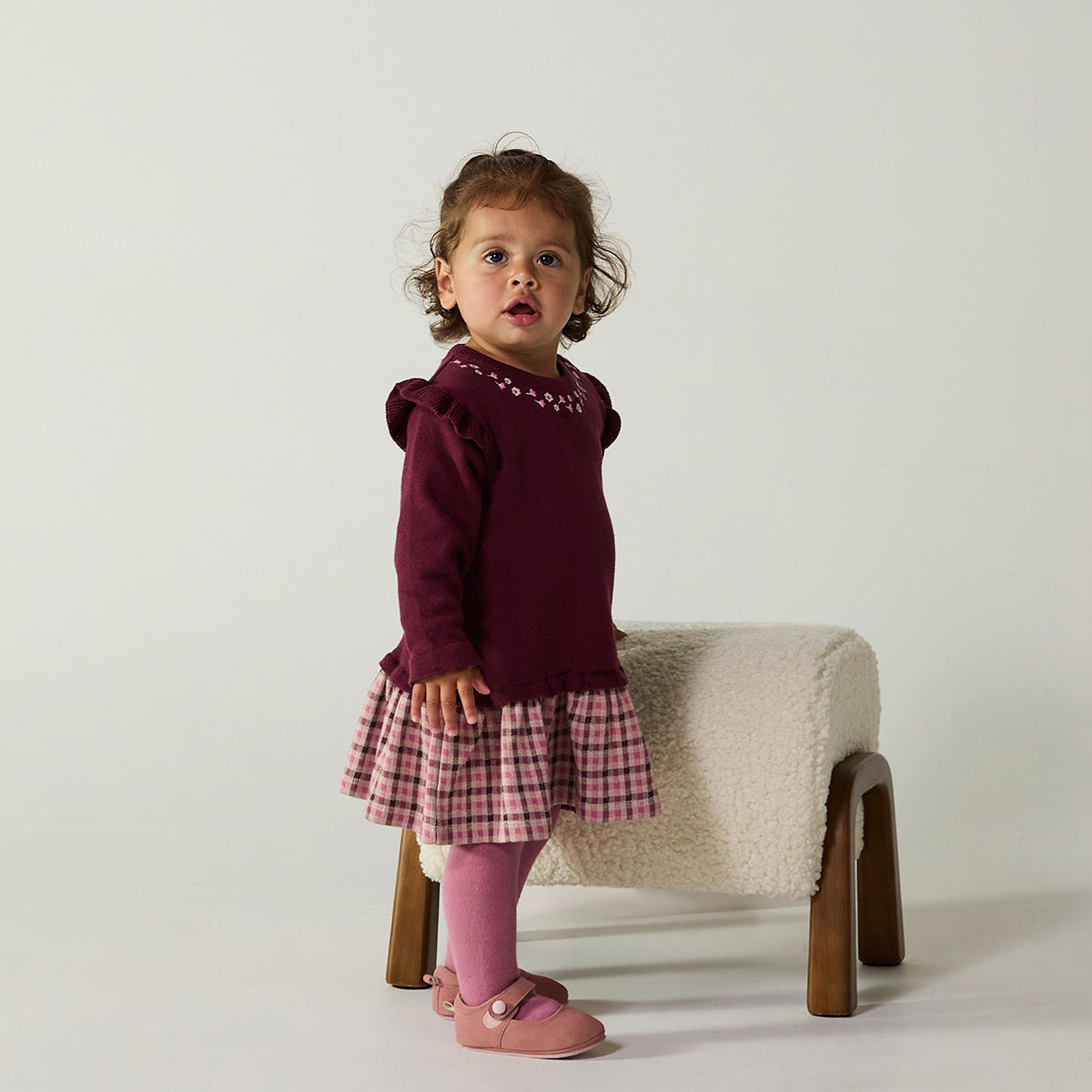Baby Girls Maroon Cotton Blend Knitted Floral Embroidered Checked Dress  Regular Fit Full Sleeve Occasion Wear
