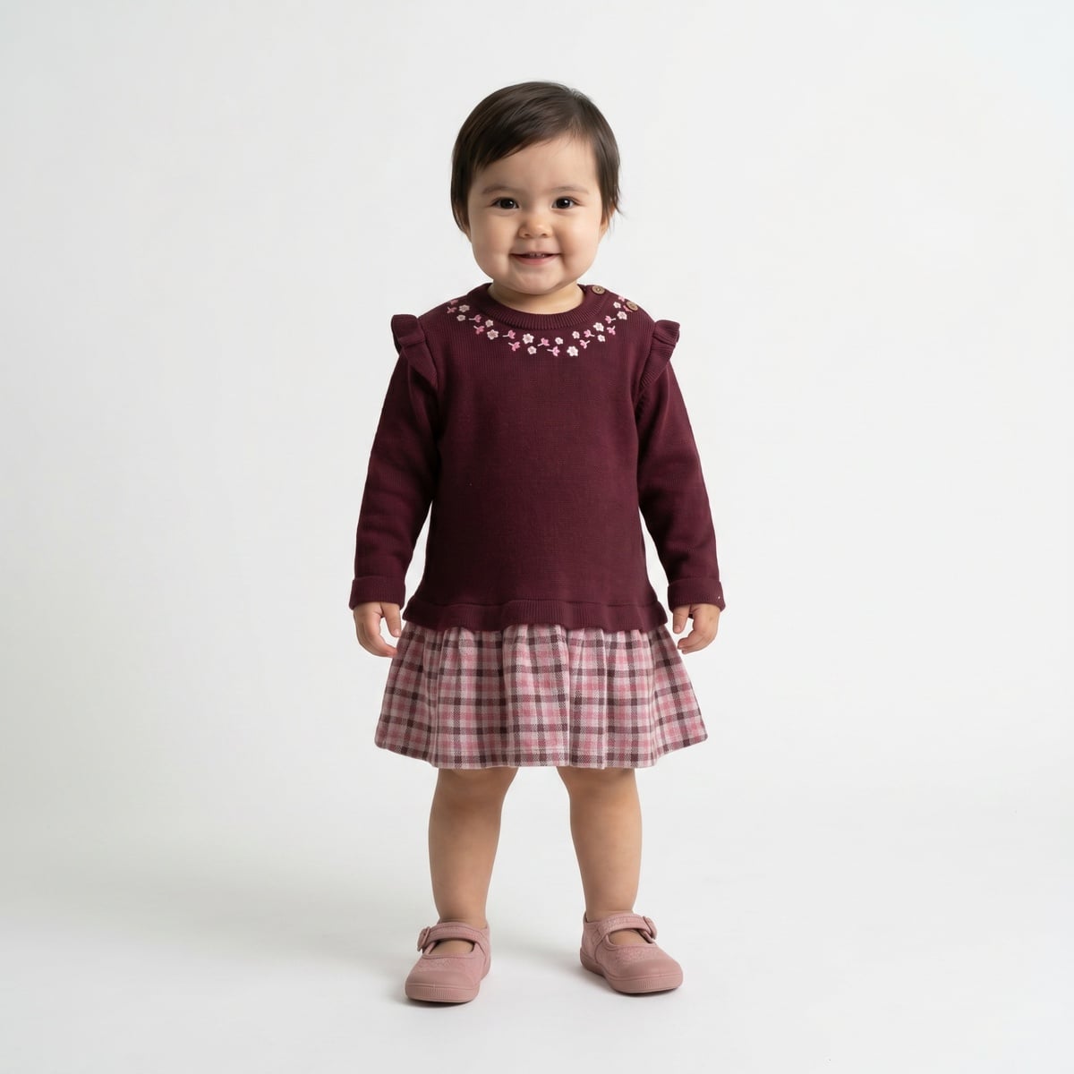 Baby Girls Maroon Cotton Blend Knitted Floral Embroidered Checked Dress  Regular Fit Full Sleeve Occasion Wear