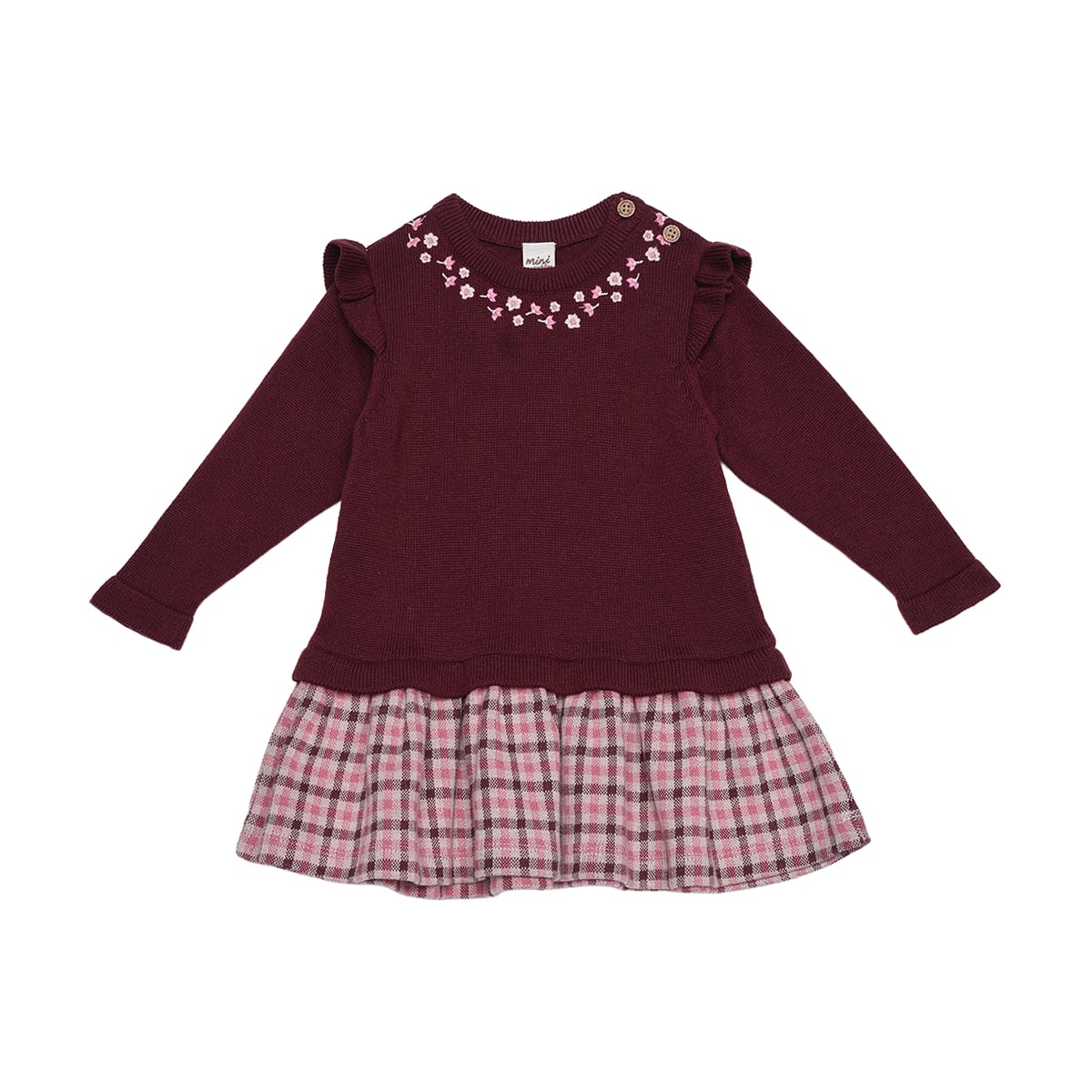 Baby Girls Maroon Cotton Blend Knitted Floral Embroidered Checked Dress  Regular Fit Full Sleeve Occasion Wear