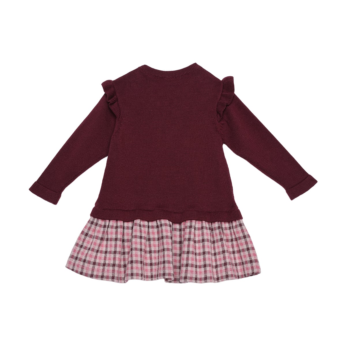 Baby Girls Maroon Cotton Blend Knitted Floral Embroidered Checked Dress  Regular Fit Full Sleeve Occasion Wear