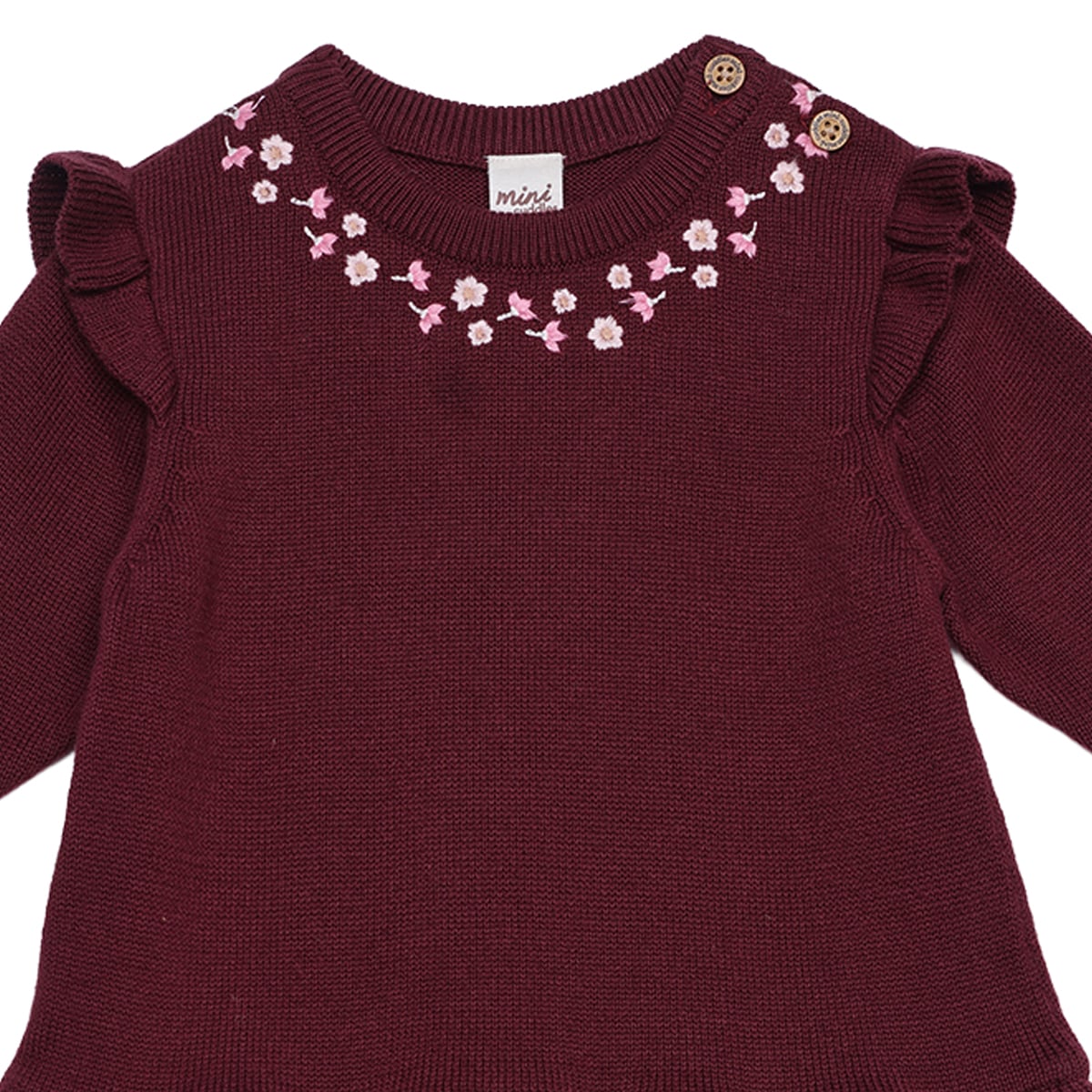 Baby Girls Maroon Cotton Blend Knitted Floral Embroidered Checked Dress  Regular Fit Full Sleeve Occasion Wear