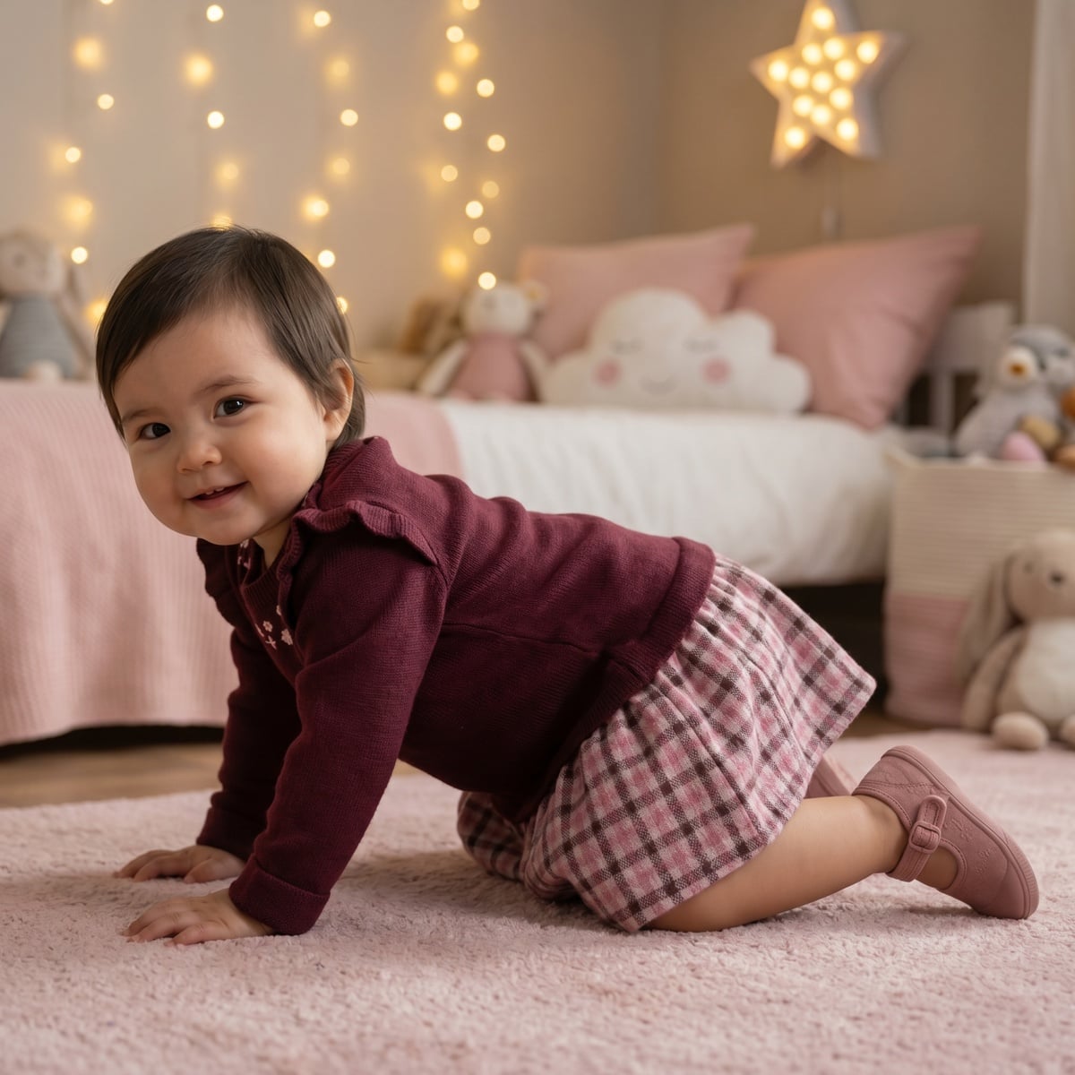 Baby Girls Maroon Cotton Blend Knitted Floral Embroidered Checked Dress  Regular Fit Full Sleeve Occasion Wear
