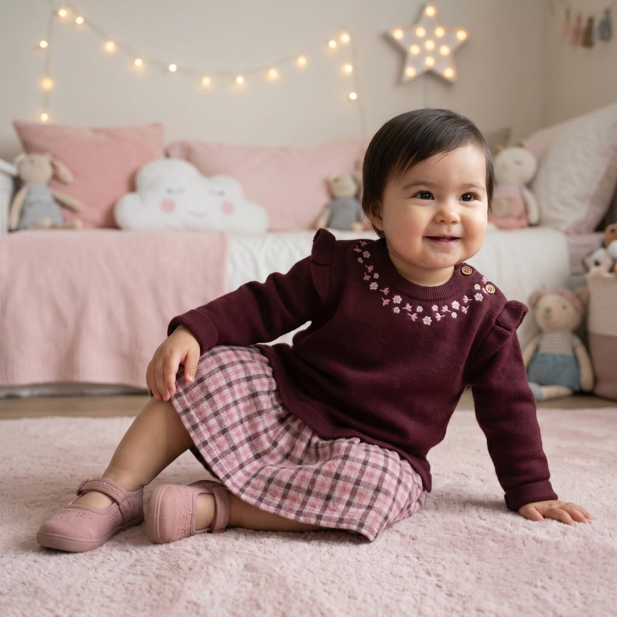 Baby Girls Maroon Cotton Blend Knitted Floral Embroidered Checked Dress  Regular Fit Full Sleeve Occasion Wear
