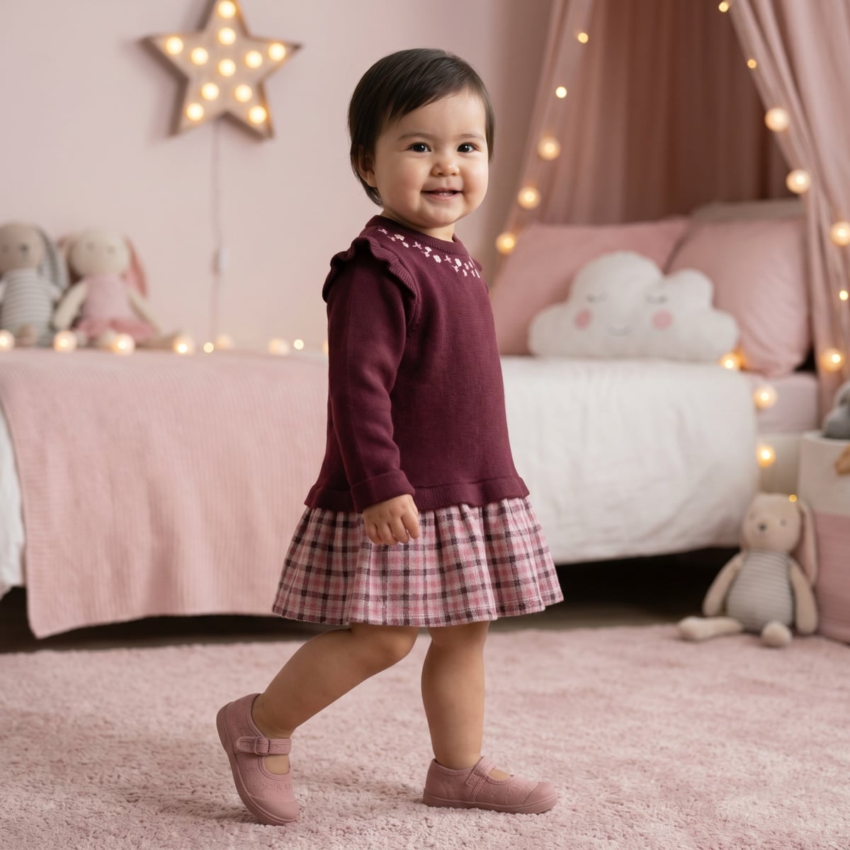 Baby Girls Maroon Cotton Blend Knitted Floral Embroidered Checked Dress  Regular Fit Full Sleeve Occasion Wear