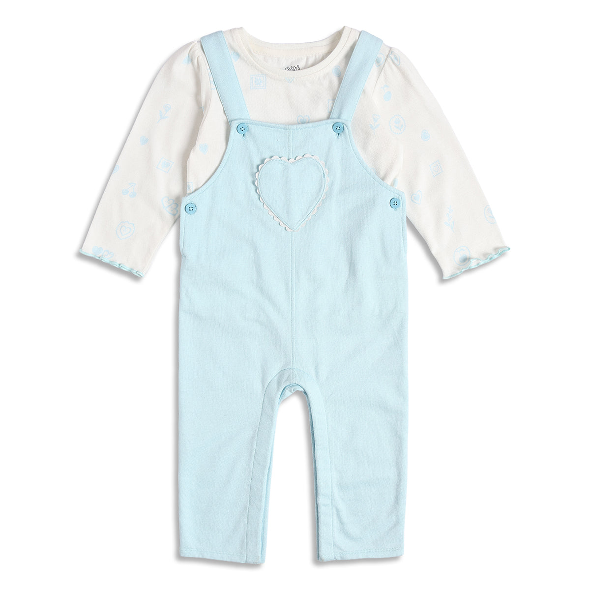 Baby Girls Light Blue Dungaree with White Printed T-Shirt Regular Fit.