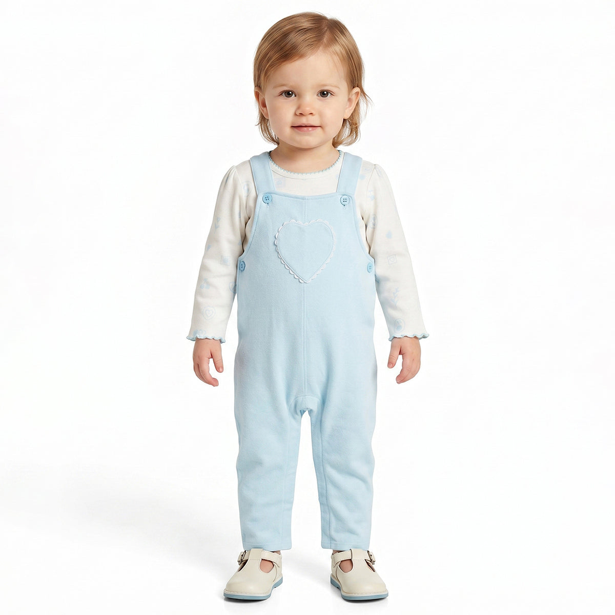 Baby Girls Light Blue Dungaree with White Printed T-Shirt Regular Fit.