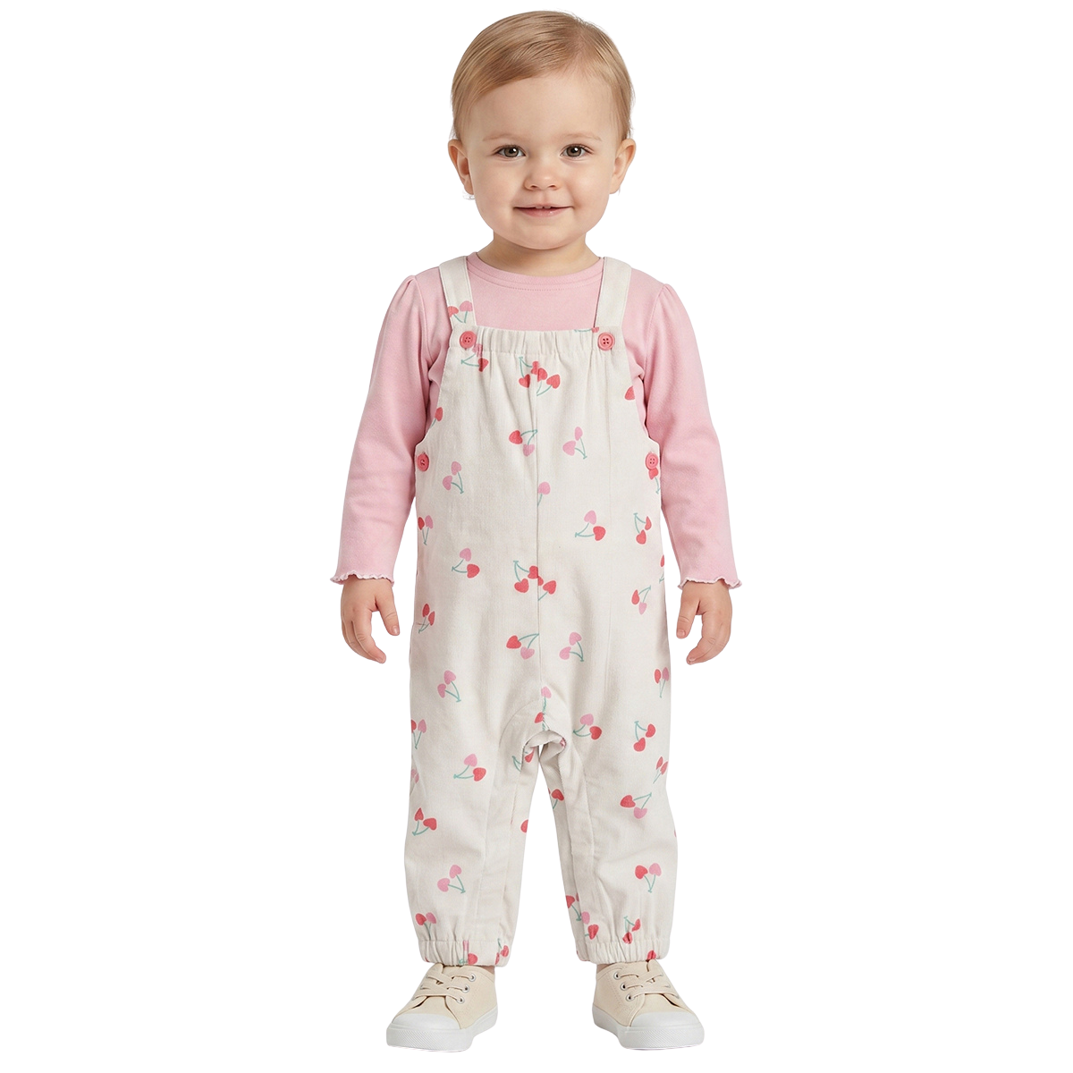 Baby Girls Cream Cherry Print Dungaree with Pink T Shirt Regular Fit