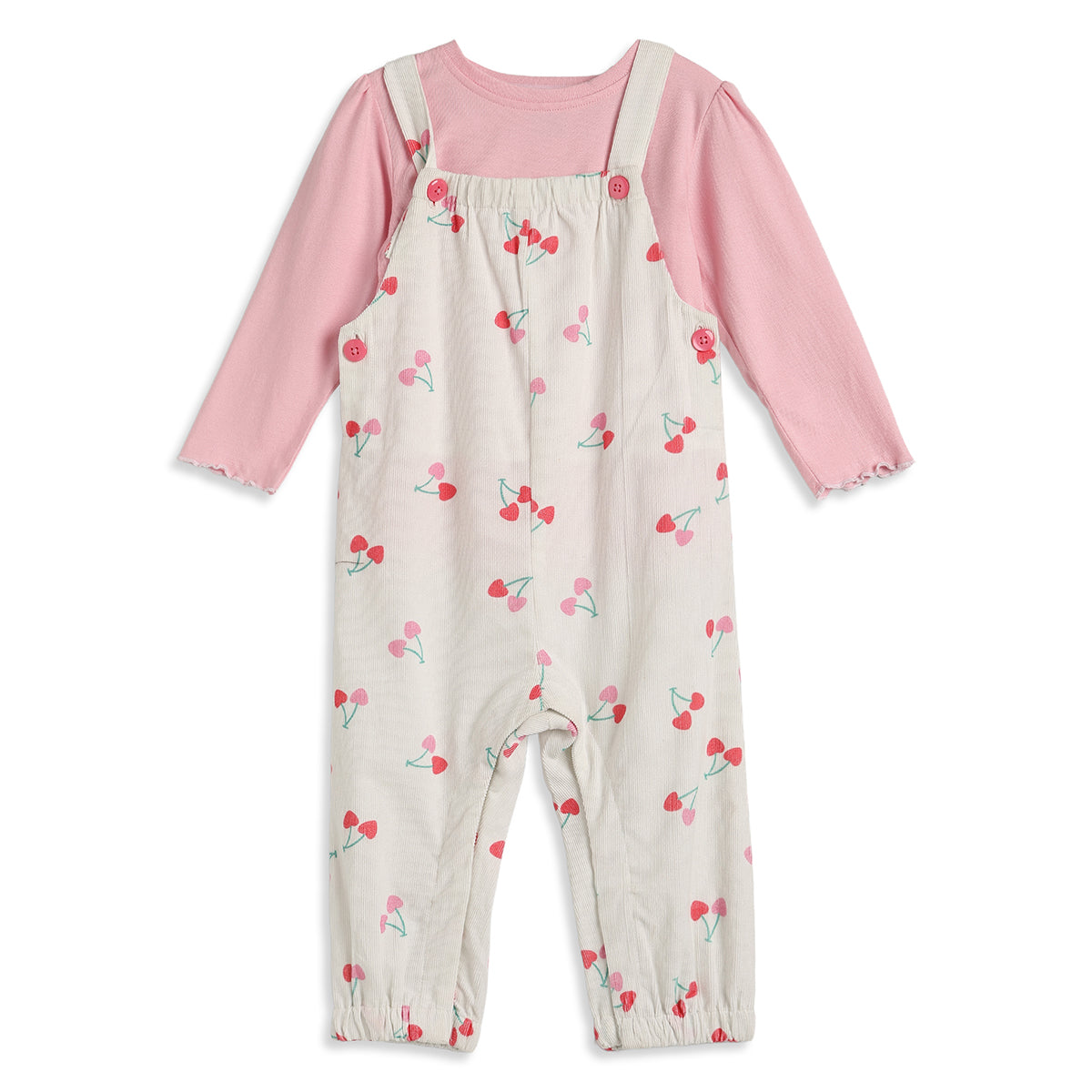 Baby Girls Cream Cherry Print Dungaree with Pink T-Shirt Regular Fit.