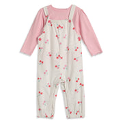 Baby Girls Cream Cherry Print Dungaree with Pink T-Shirt Regular Fit.
