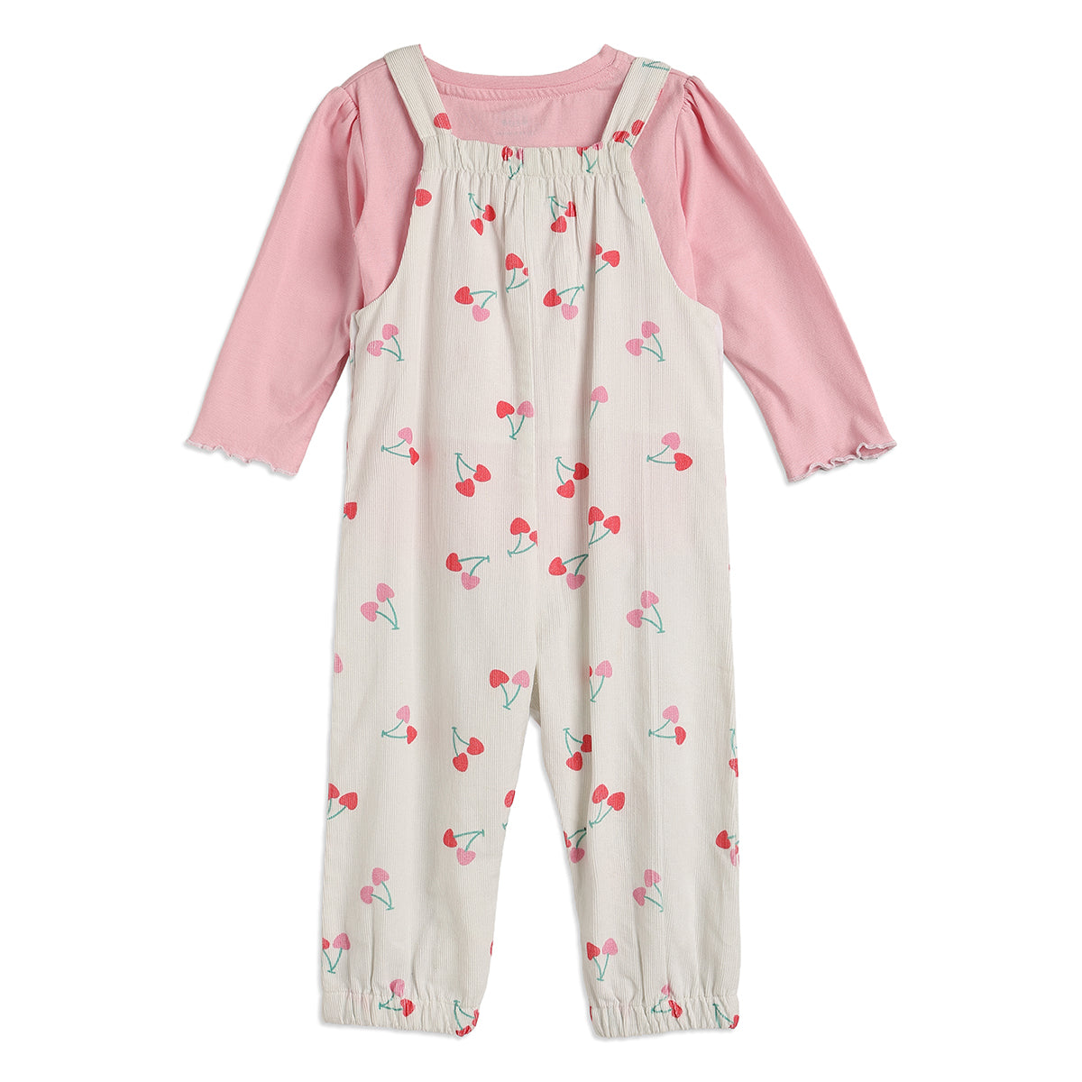 Baby Girls Cream Cherry Print Dungaree with Pink T-Shirt Regular Fit.