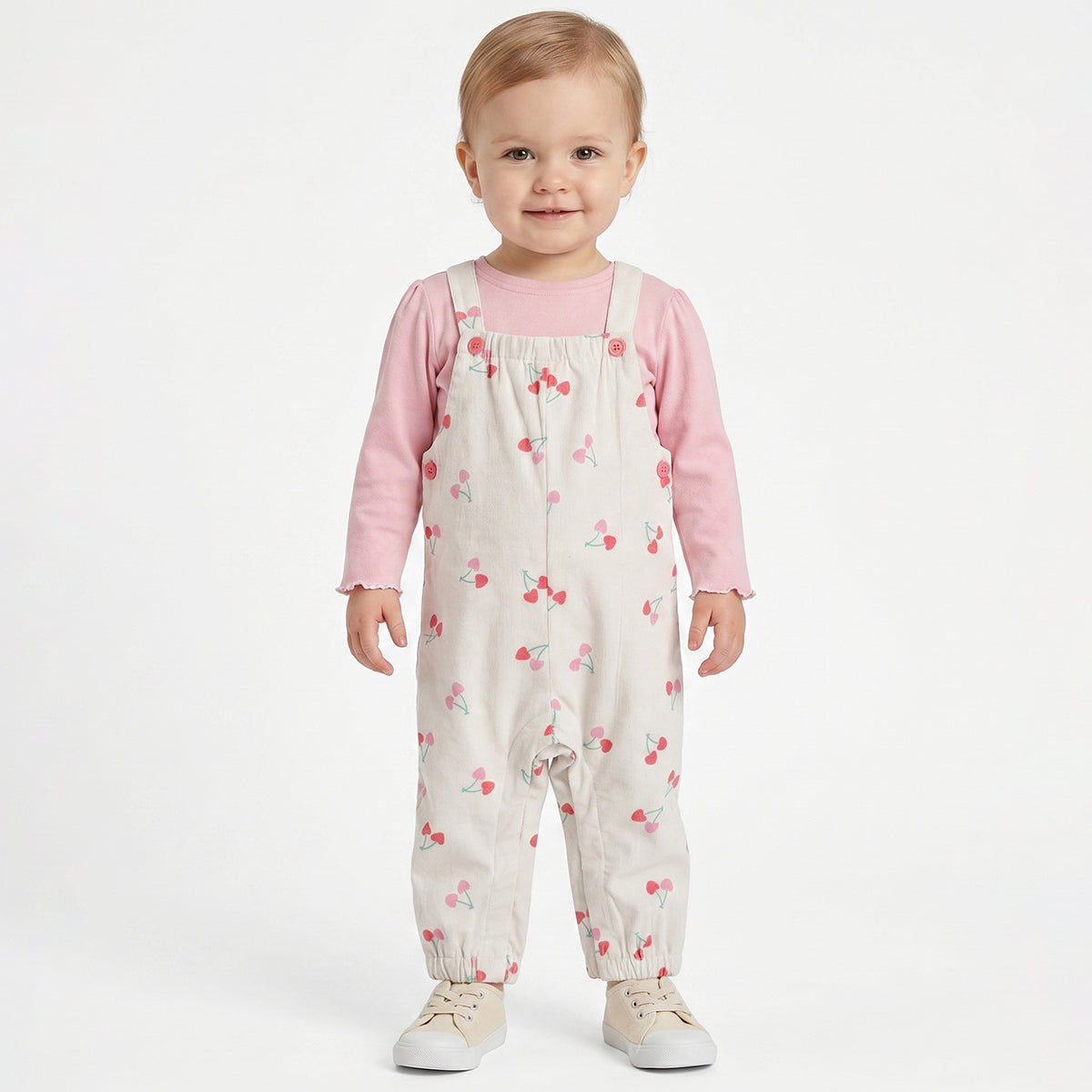Baby Girls Cream Cherry Print Dungaree with Pink T-Shirt Regular Fit.