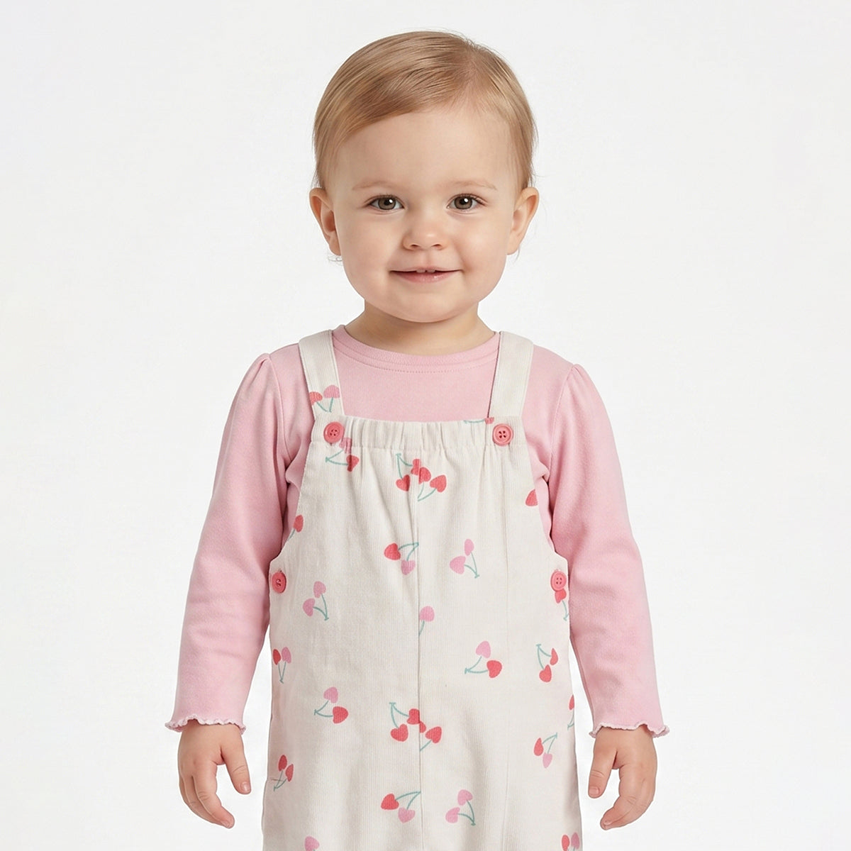 Baby Girls Cream Cherry Print Dungaree with Pink T-Shirt Regular Fit.