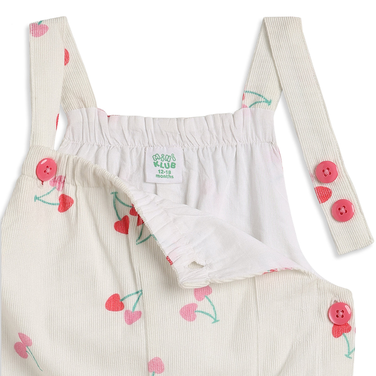 Baby Girls Cream Cherry Print Dungaree with Pink T-Shirt Regular Fit.