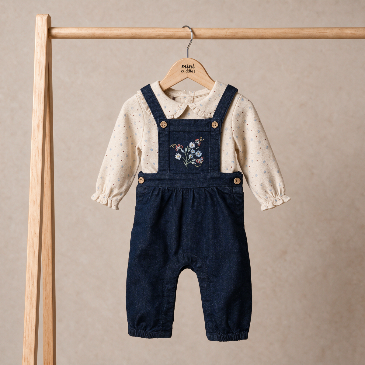 Baby Girls Beige And Navy Blue Cotton And Denim Floral Printed Embroidered Dungaree Set Regular Fit Casual Wear