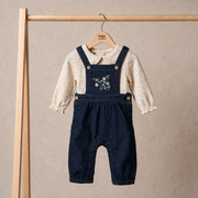 Baby Girls Beige And Navy Blue Cotton And Denim Floral Printed Embroidered Dungaree Set Regular Fit Casual Wear