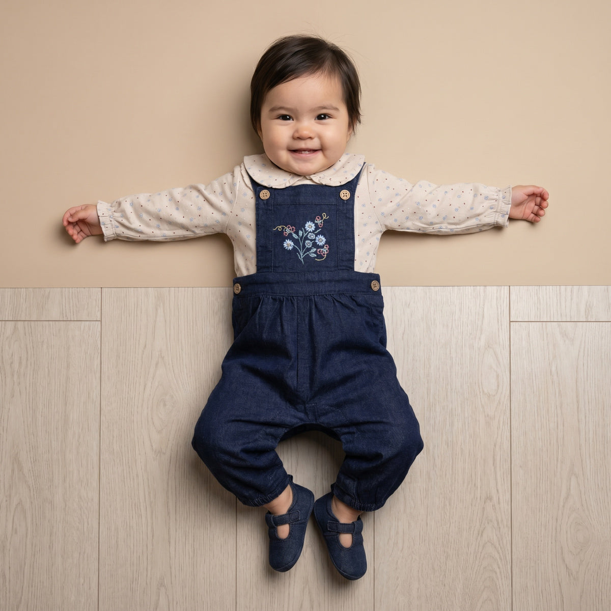 Baby Girls Beige And Navy Blue Cotton And Denim Floral Printed Embroidered Dungaree Set Regular Fit Casual Wear