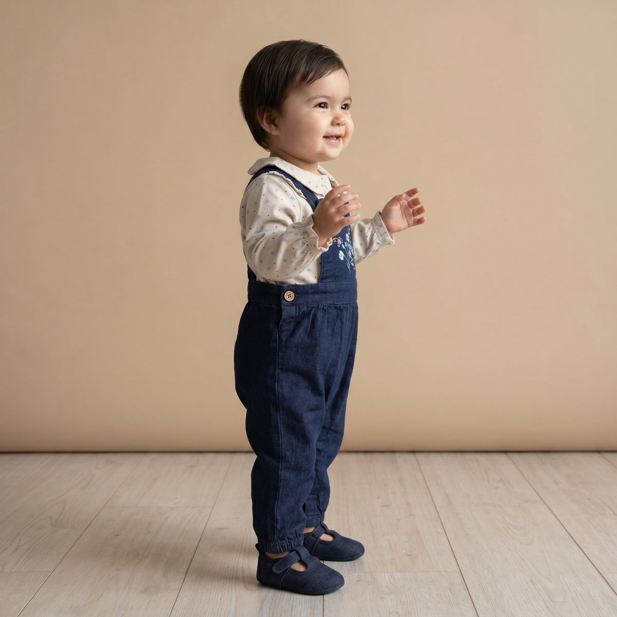 Baby Girls Beige And Navy Blue Cotton And Denim Floral Printed Embroidered Dungaree Set Regular Fit Casual Wear