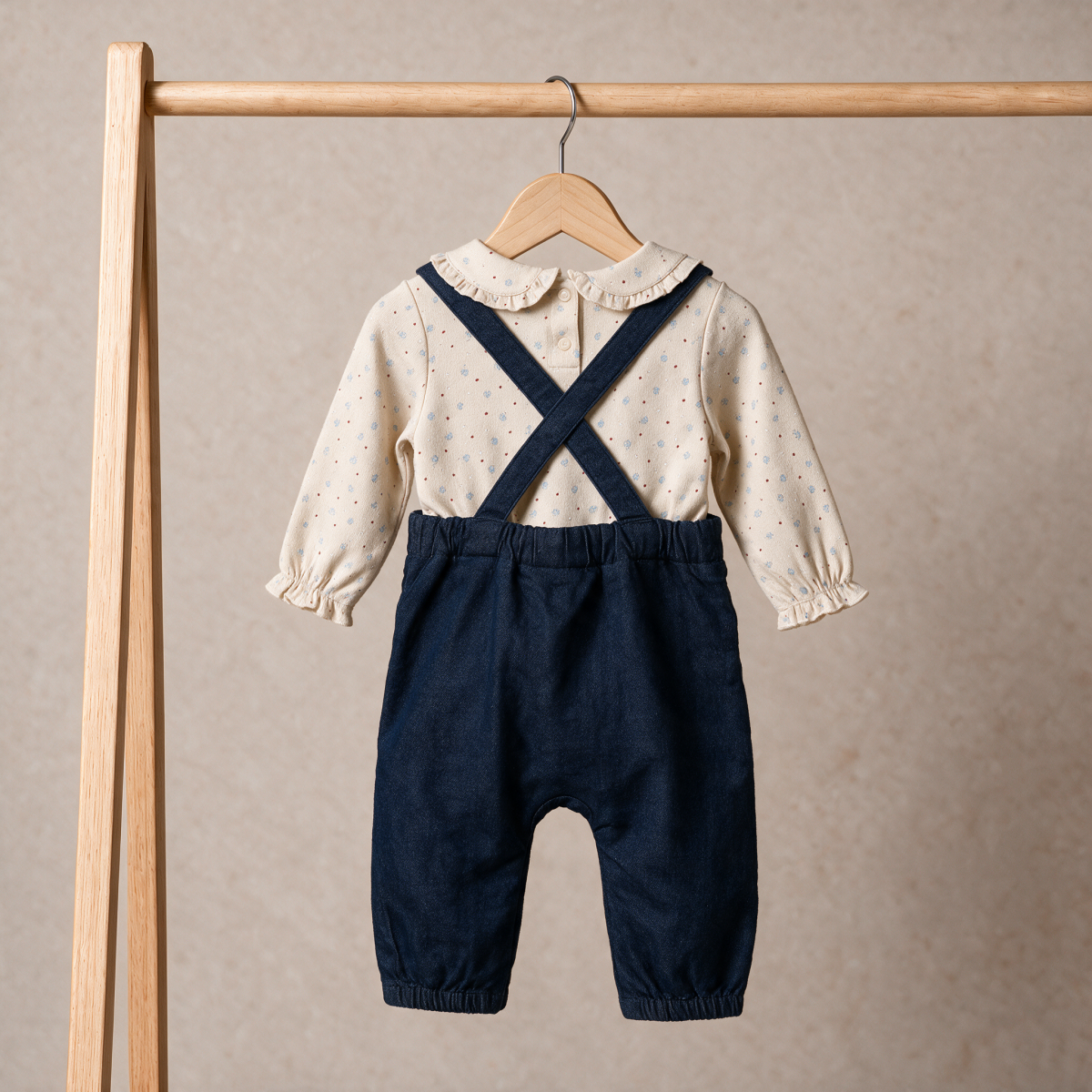 Baby Girls Beige And Navy Blue Cotton And Denim Floral Printed Embroidered Dungaree Set Regular Fit Casual Wear