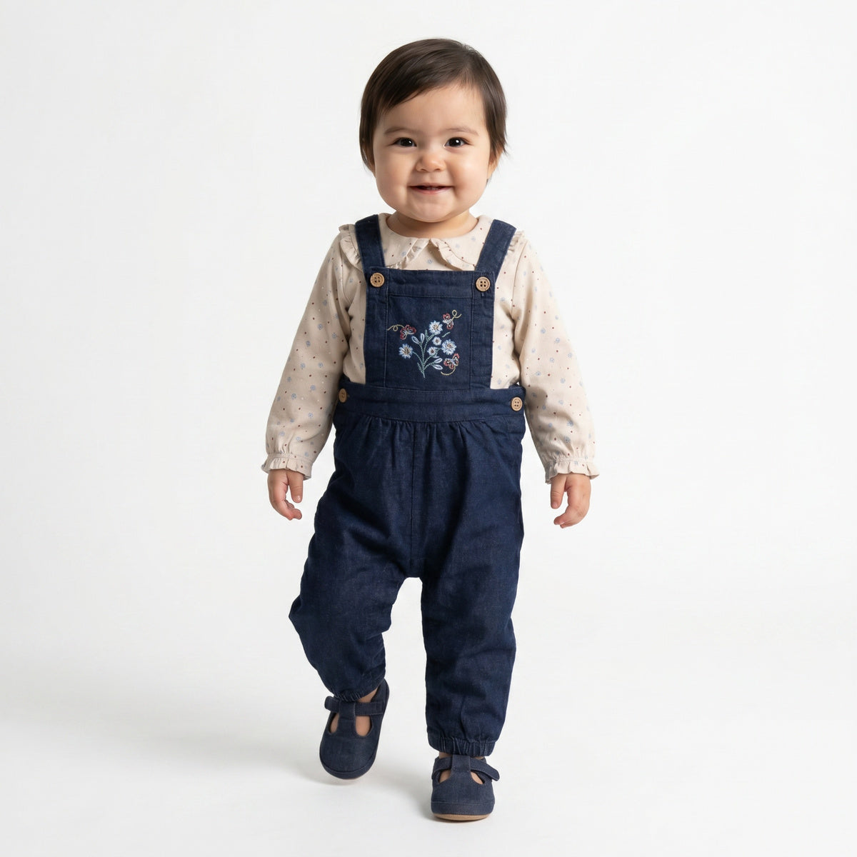 Baby Girls Beige And Navy Blue Cotton And Denim Floral Printed Embroidered Dungaree Set Regular Fit Casual Wear