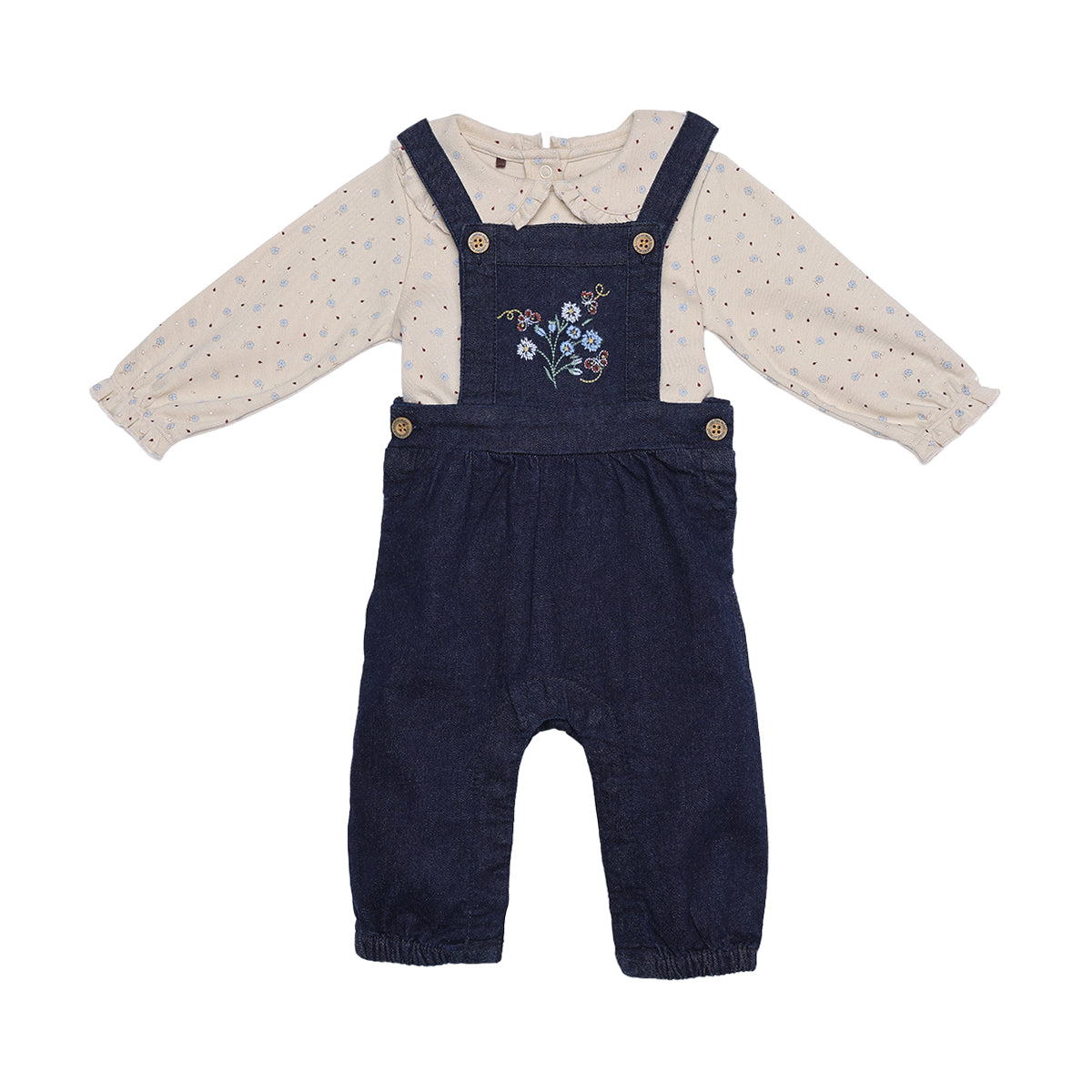 Baby Girls Beige And Navy Blue Cotton And Denim Floral Printed Embroidered Dungaree Set Regular Fit Casual Wear