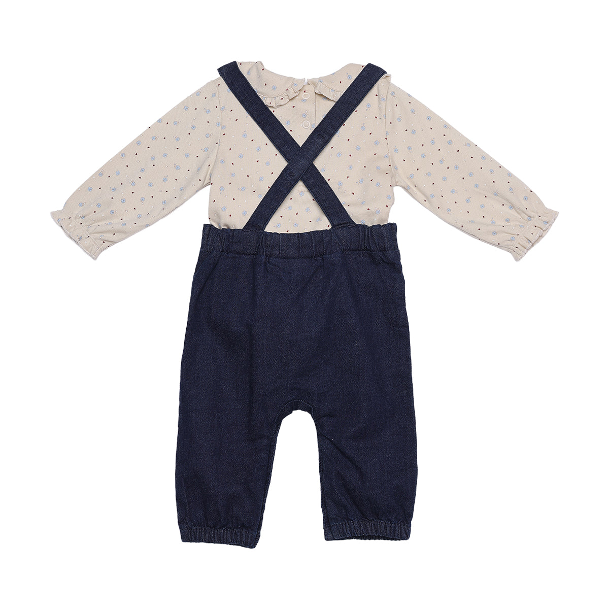 Baby Girls Beige And Navy Blue Cotton And Denim Floral Printed Embroidered Dungaree Set Regular Fit Casual Wear
