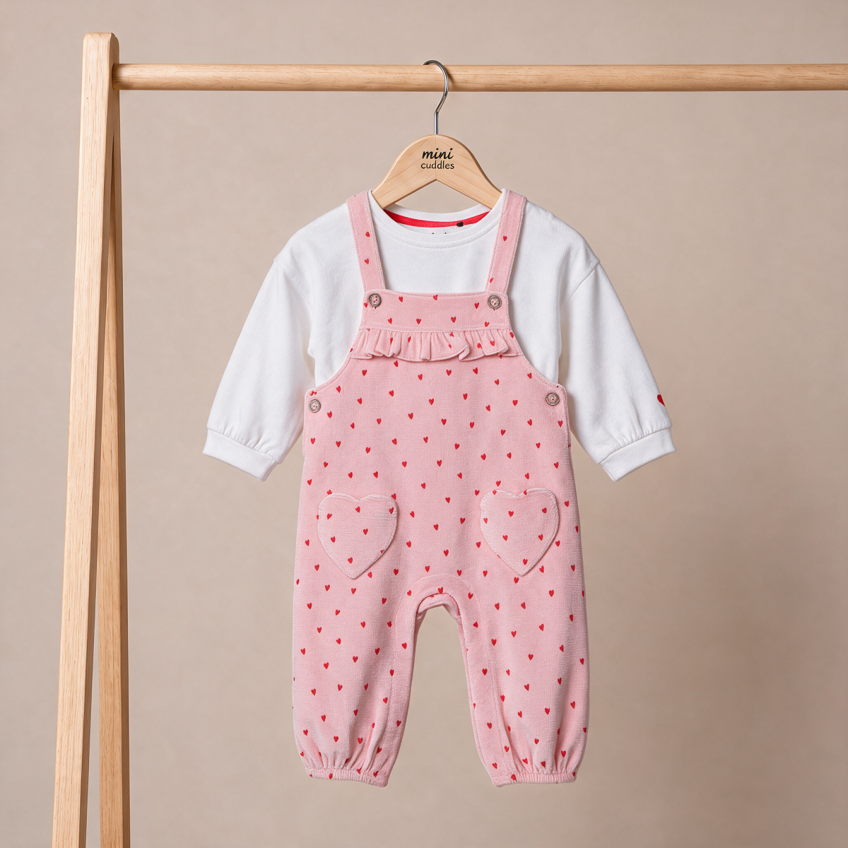 Baby Girls Pink And White Cotton Heart Print Ruffle Dungaree Set Regular Fit Casual Wear