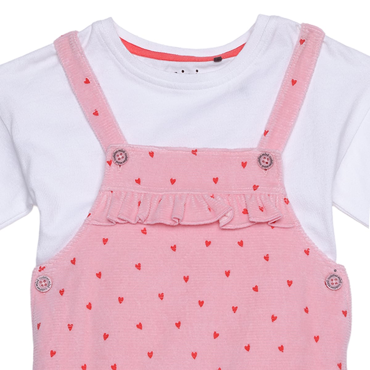 Baby Girls Pink And White Cotton Heart Print Ruffle Dungaree Set Regular Fit Casual Wear