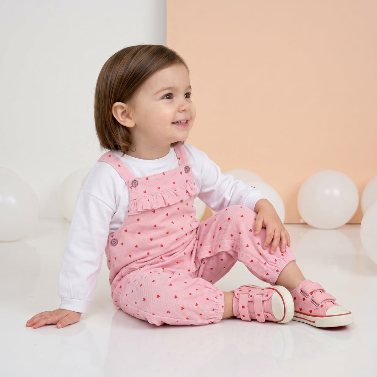 Baby Girls Pink And White Cotton Heart Print Ruffle Dungaree Set Regular Fit Casual Wear