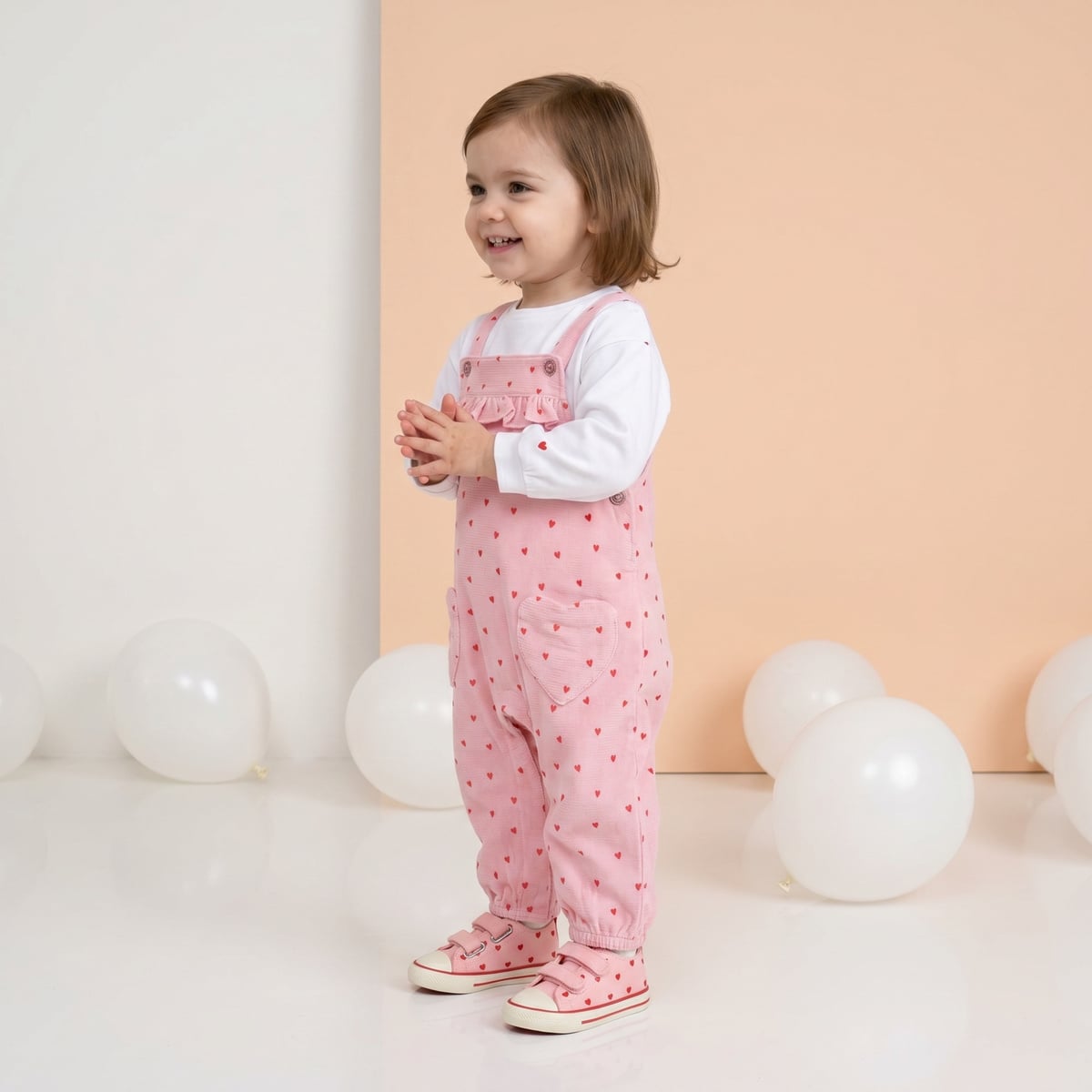 Baby Girls Pink And White Cotton Heart Print Ruffle Dungaree Set Regular Fit Casual Wear