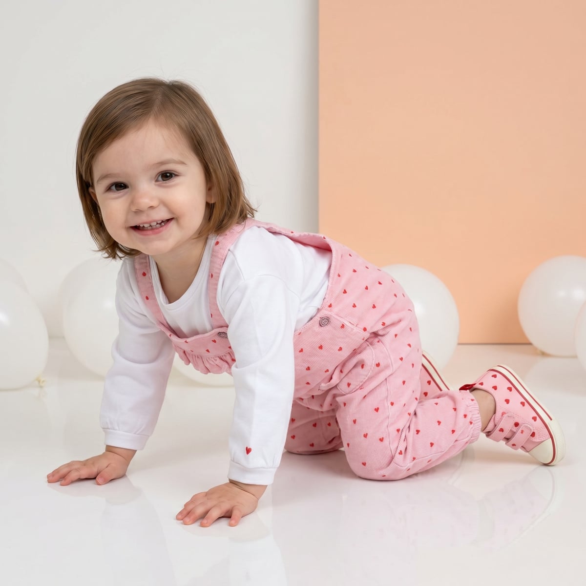 Baby Girls Pink And White Cotton Heart Print Ruffle Dungaree Set Regular Fit Casual Wear