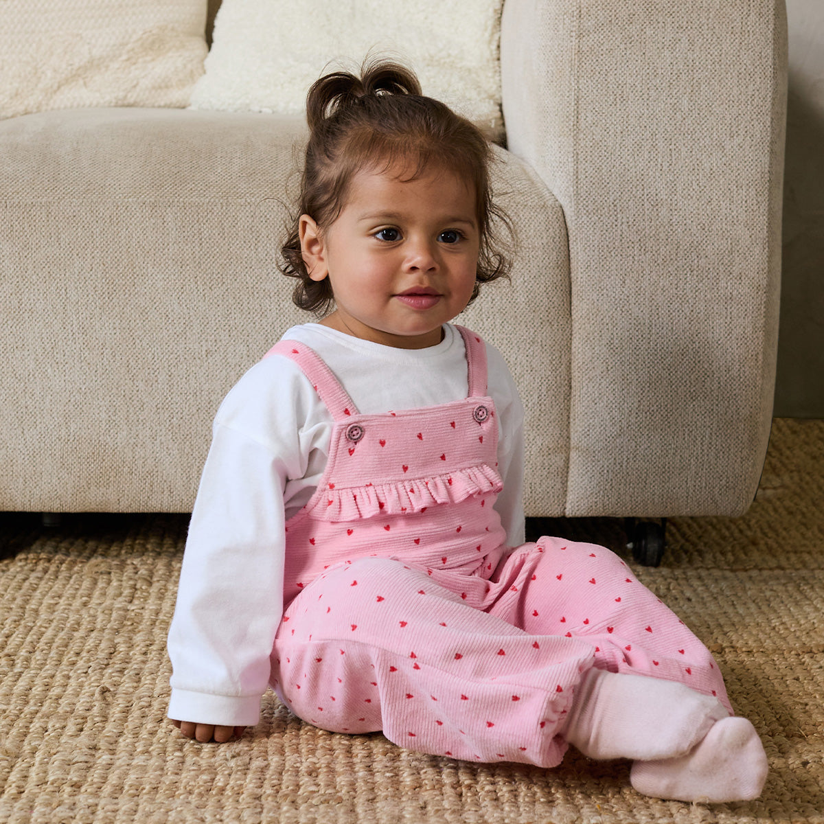 Baby Girls Pink And White Cotton Heart Print Ruffle Dungaree Set Regular Fit Casual Wear