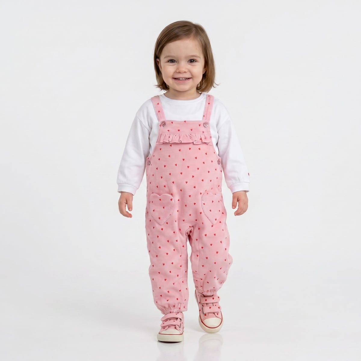 Baby Girls Pink And White Cotton Heart Print Ruffle Dungaree Set Regular Fit Casual Wear