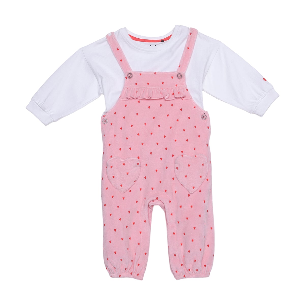 Baby Girls Pink And White Cotton Heart Print Ruffle Dungaree Set Regular Fit Casual Wear