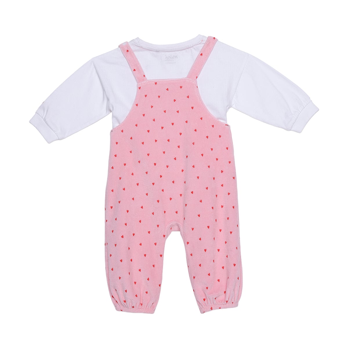 Baby Girls Pink And White Cotton Heart Print Ruffle Dungaree Set Regular Fit Casual Wear
