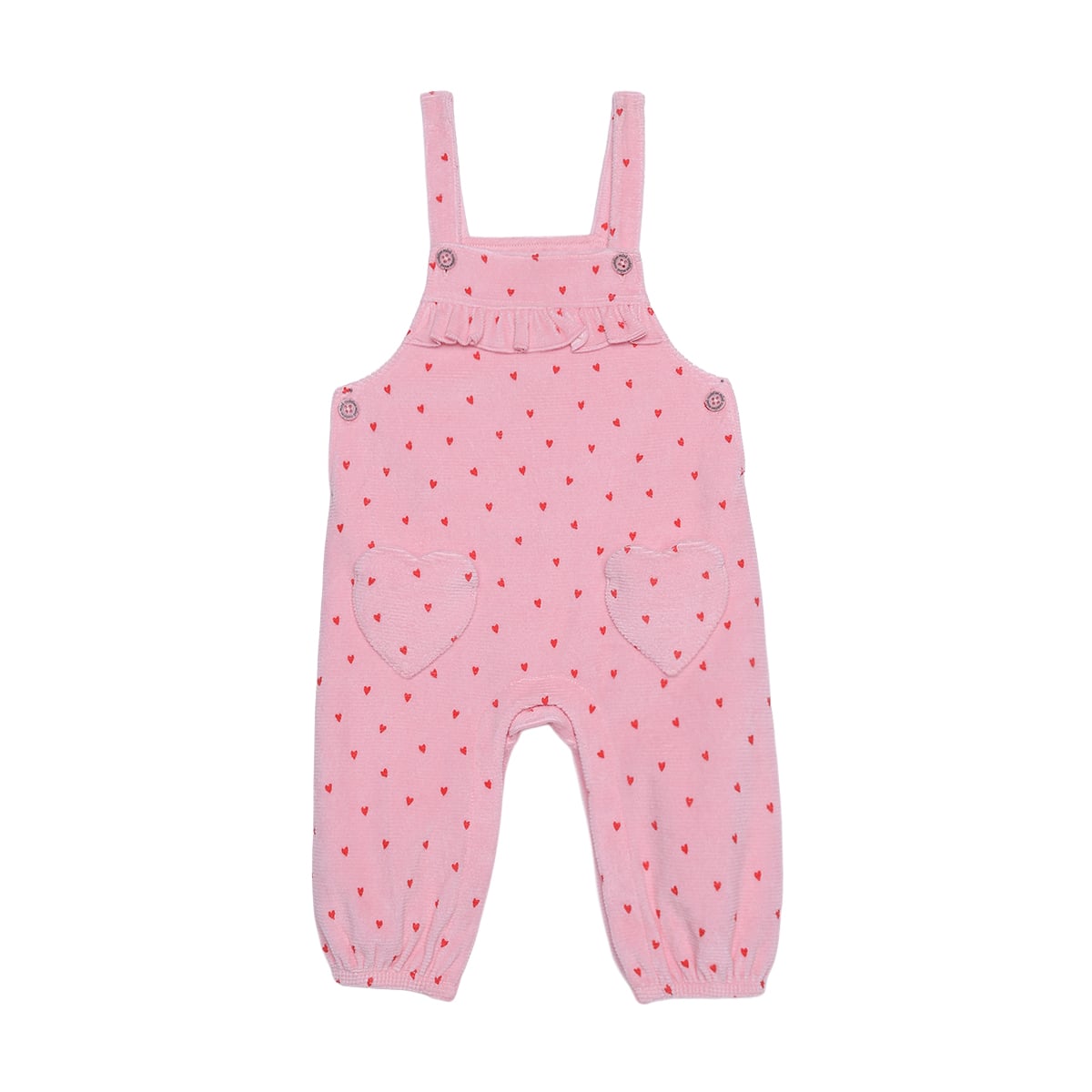 Baby Girls Pink And White Cotton Heart Print Ruffle Dungaree Set Regular Fit Casual Wear